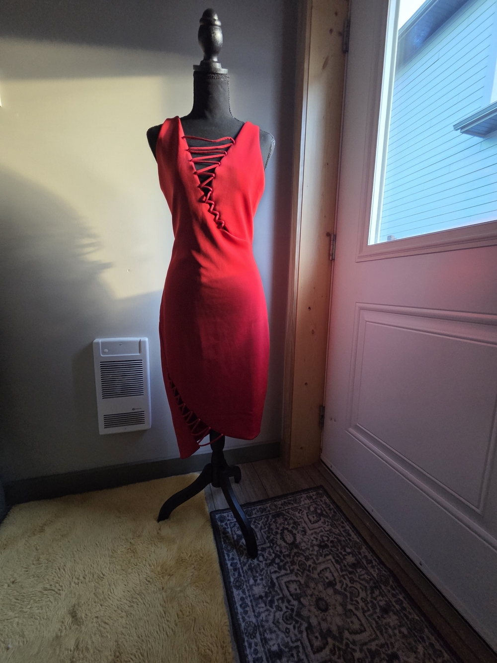 Red Lace-Up V-Neck Women’s Dress - Picture 3 of 3